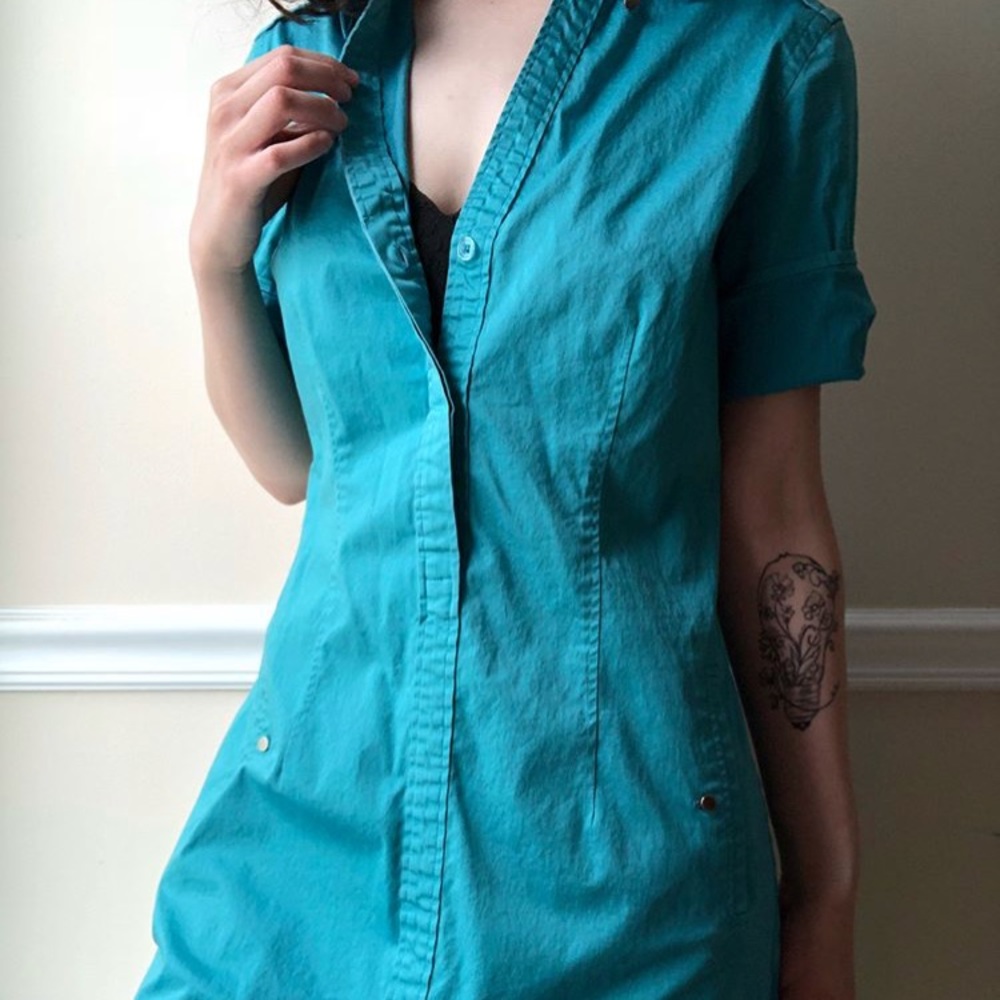 New York and Company teal utility button up dress